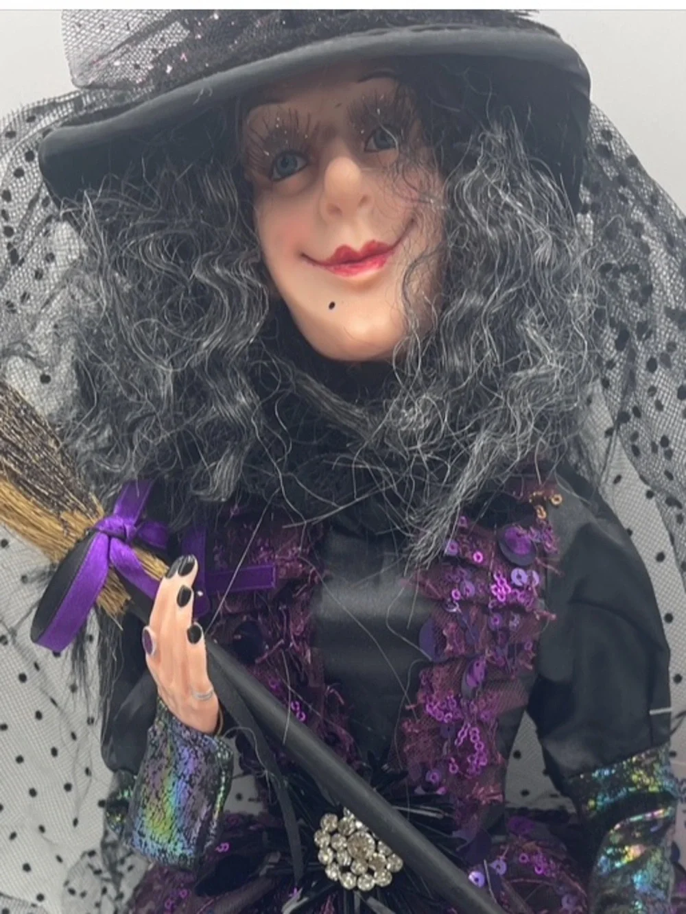 31” Halloween Gothic Wicked Witch Shelf Sitter Doll Purple Sequins w/Broom Stick